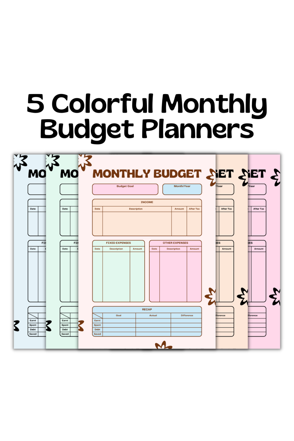 5 Colorful Monthly Budget Planners Template pinterest preview image.