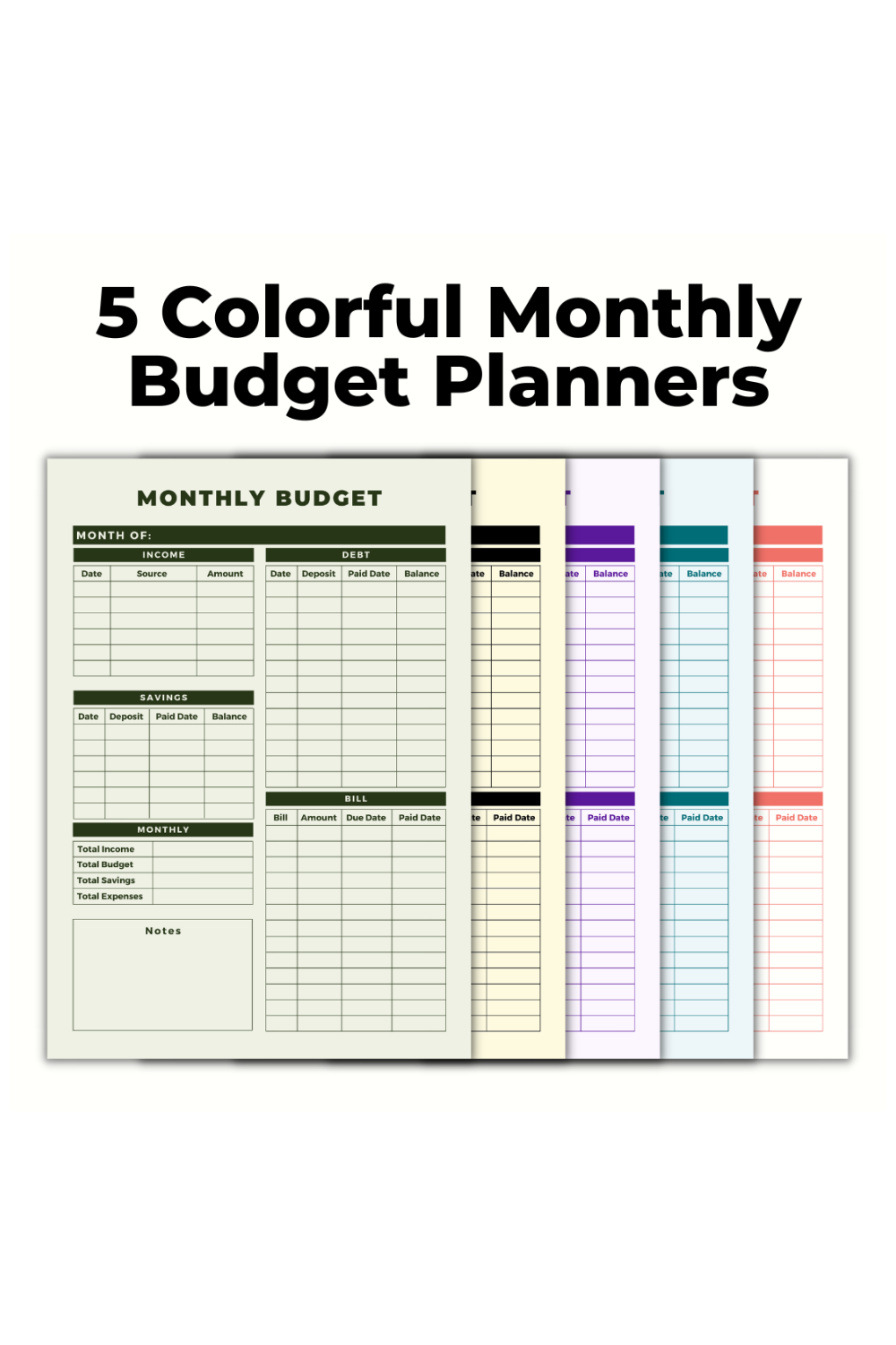 5 Colorful Monthly Budget Planners Template pinterest preview image.