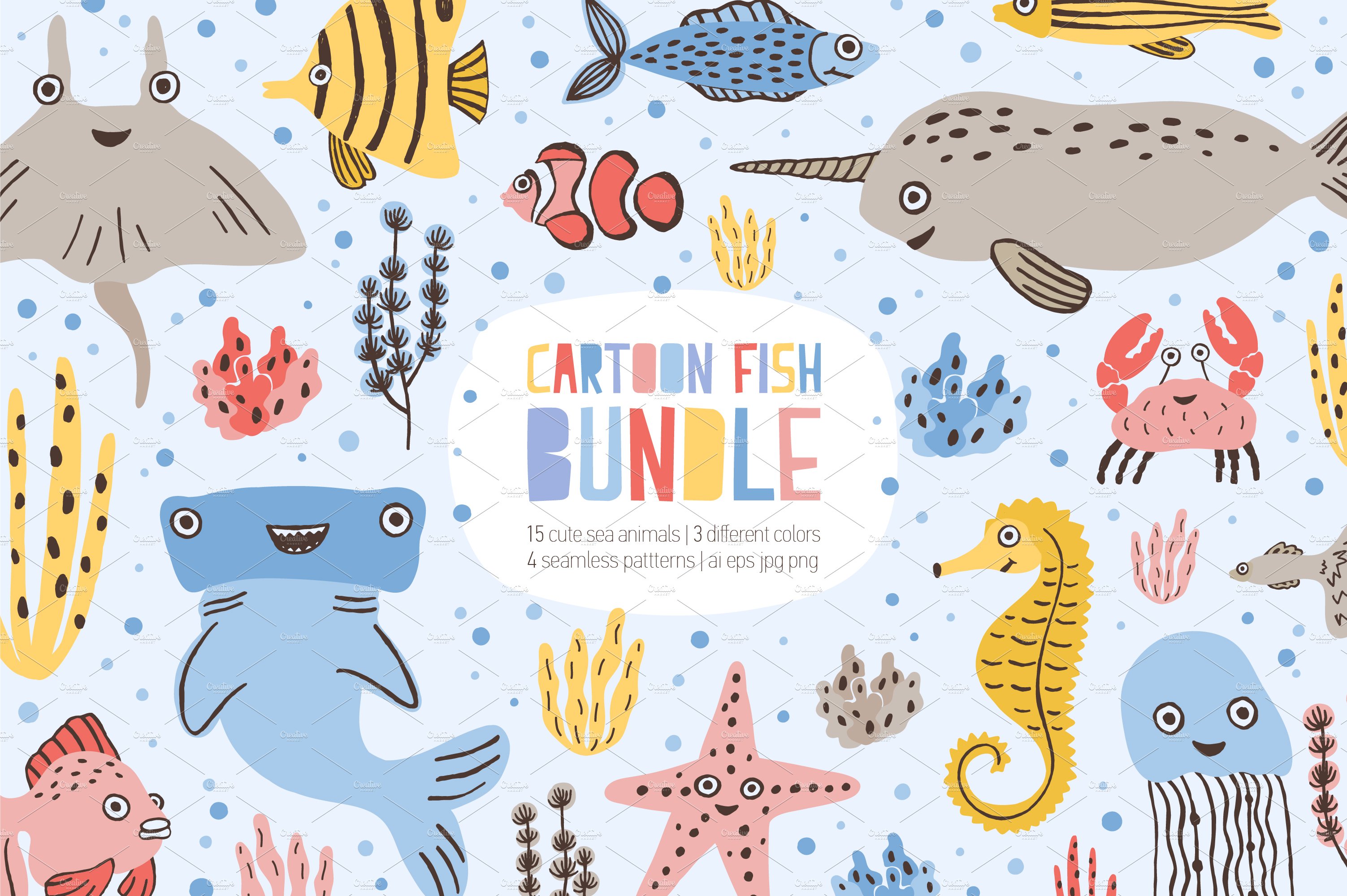 Сute funny marine fishes cover image.