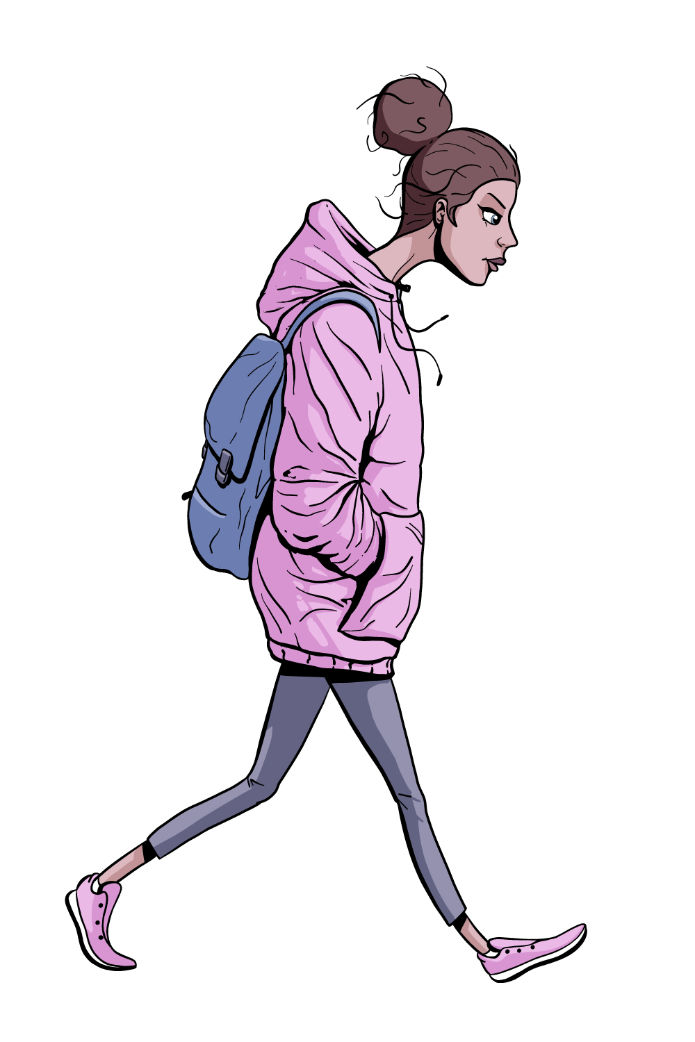 Cartoon girl with backpack and oversized hoodie walking pinterest preview image.