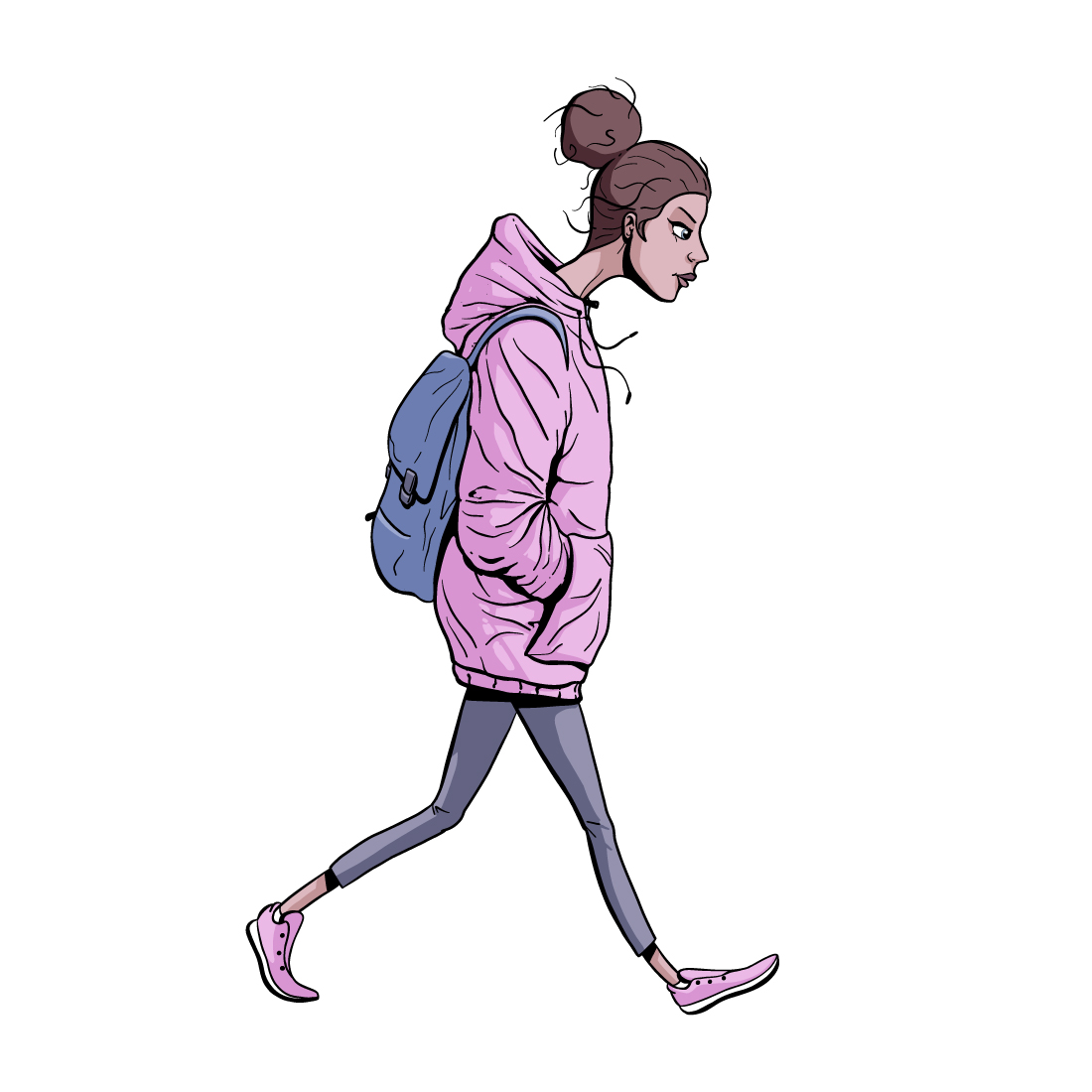 Cartoon girl with backpack and oversized hoodie walking preview image.