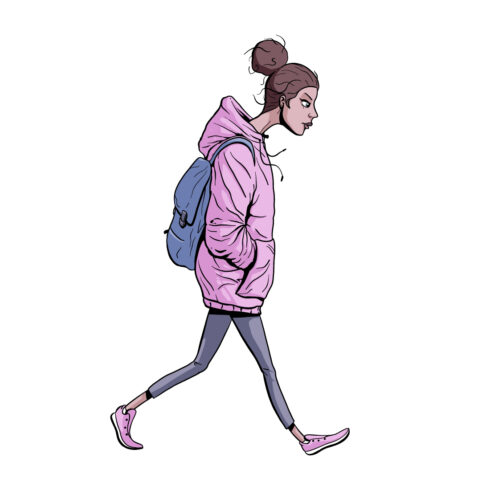 Cartoon girl with backpack and oversized hoodie walking cover image.