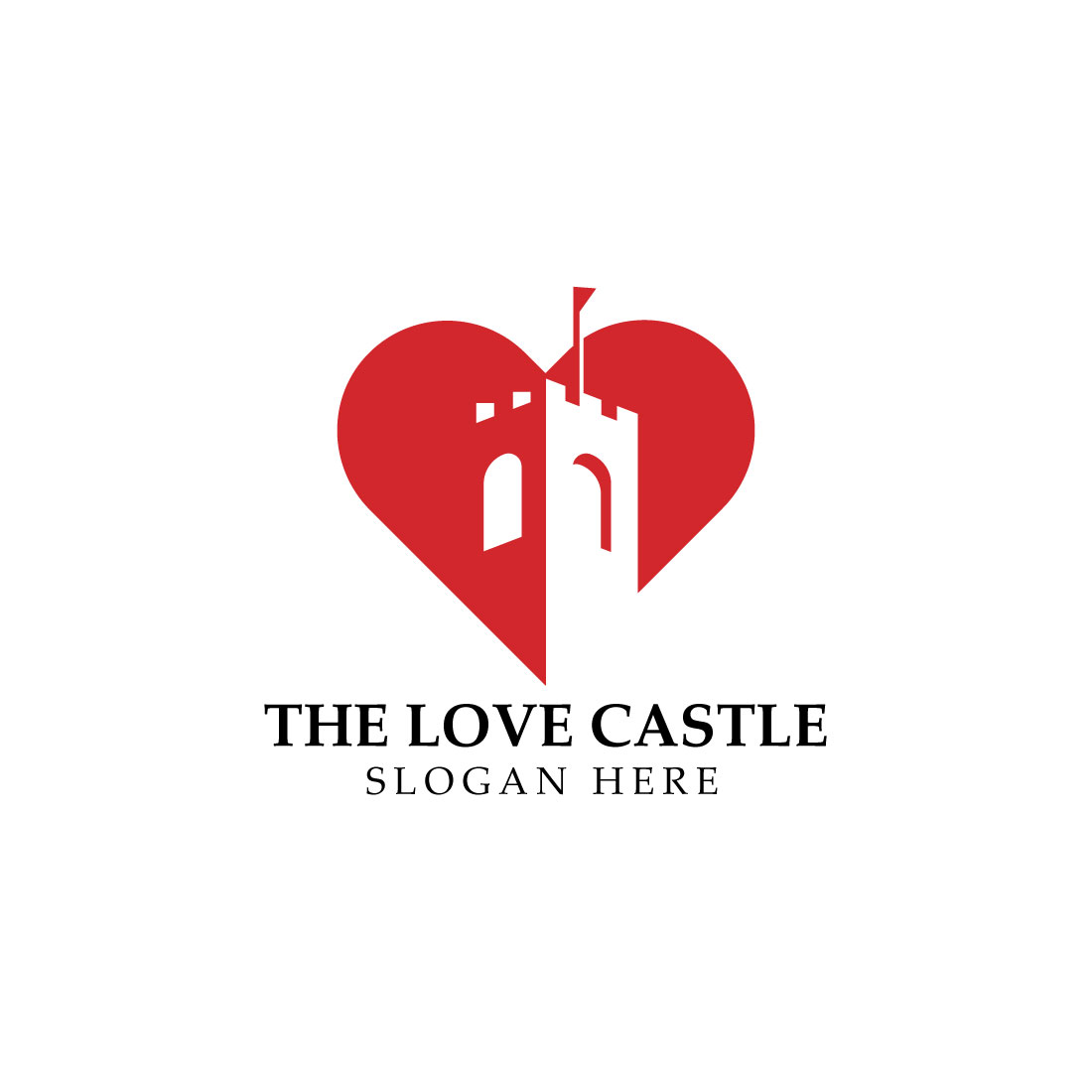 Love and castle negative space logo design preview image.