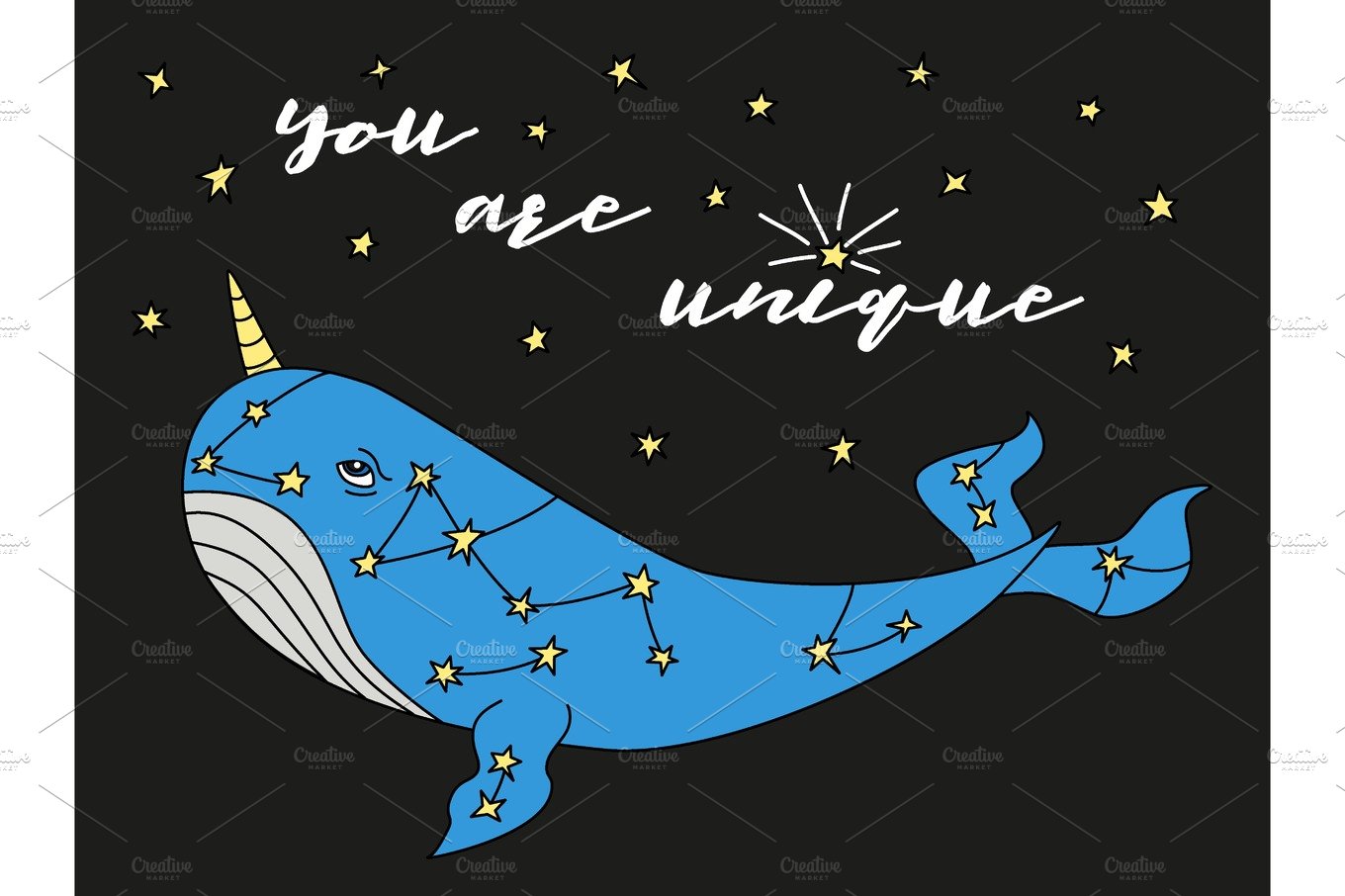 Cute hand drawn cartoon character of narwhal whale with motivation lettering cover image.