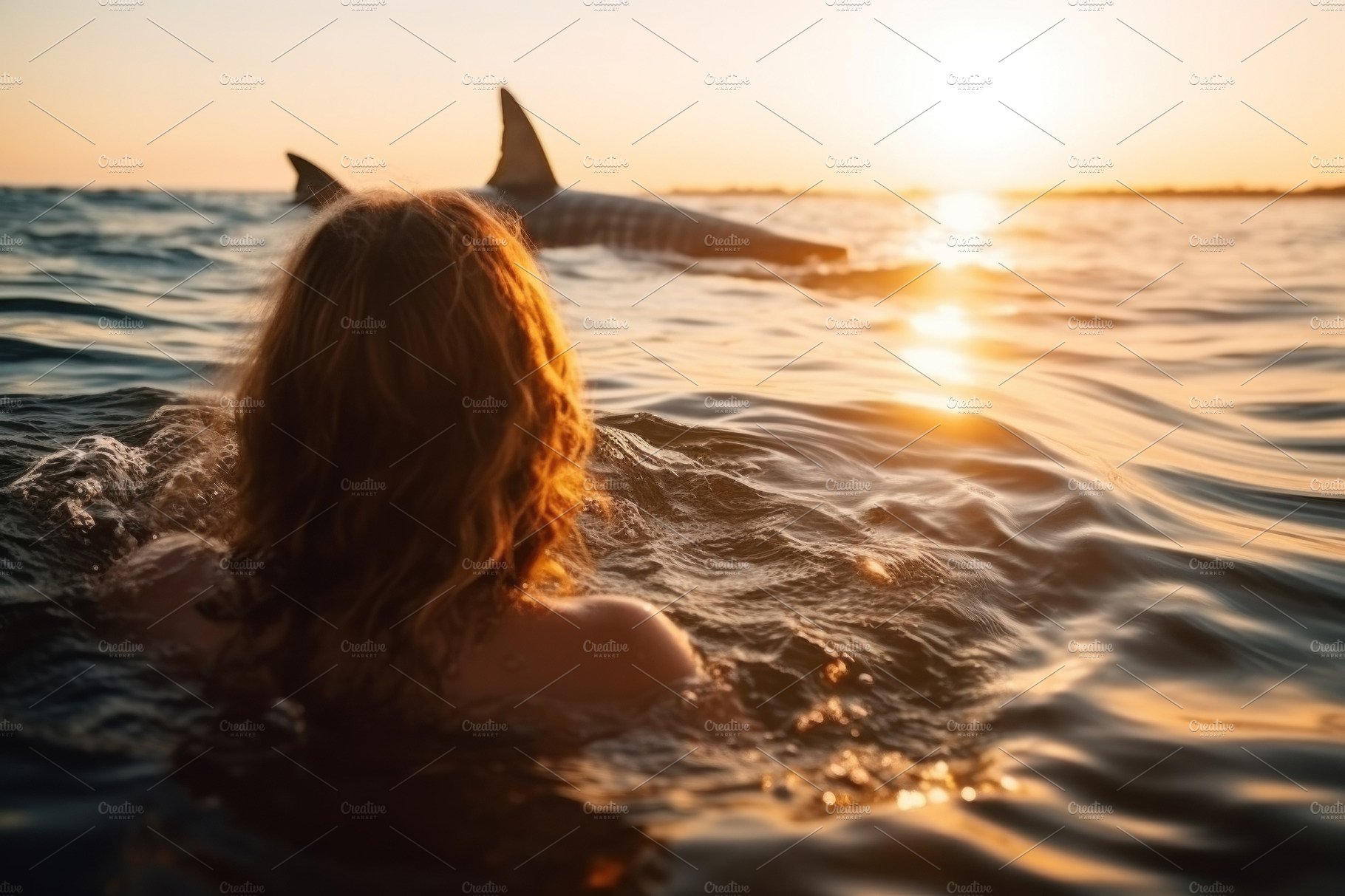 Great white shark attacking woman swimming on sea. Generative AI cover image.