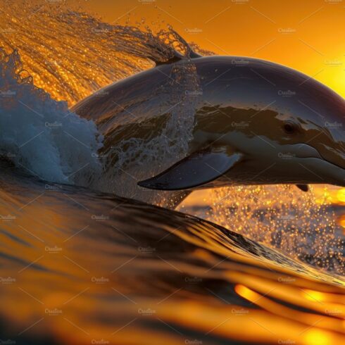 Beautiful portrait of a dolphin jumping from water at the sunset cover image.