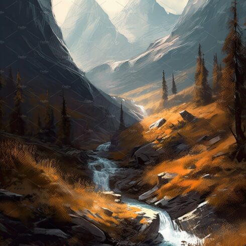 Beautiful vertical landscape with tall mountains, waterfall and a river. Ge... cover image.