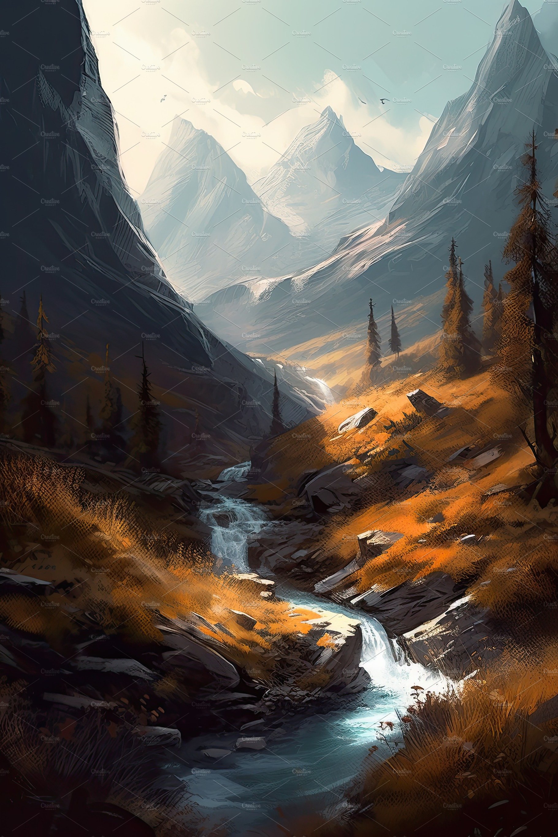 Beautiful vertical landscape with tall mountains, waterfall and a river. Ge... cover image.