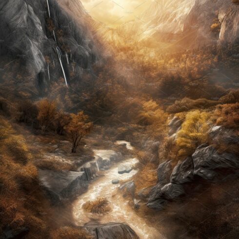 Beautiful vertical landscape with tall mountains, waterfall and a river. Ge... cover image.