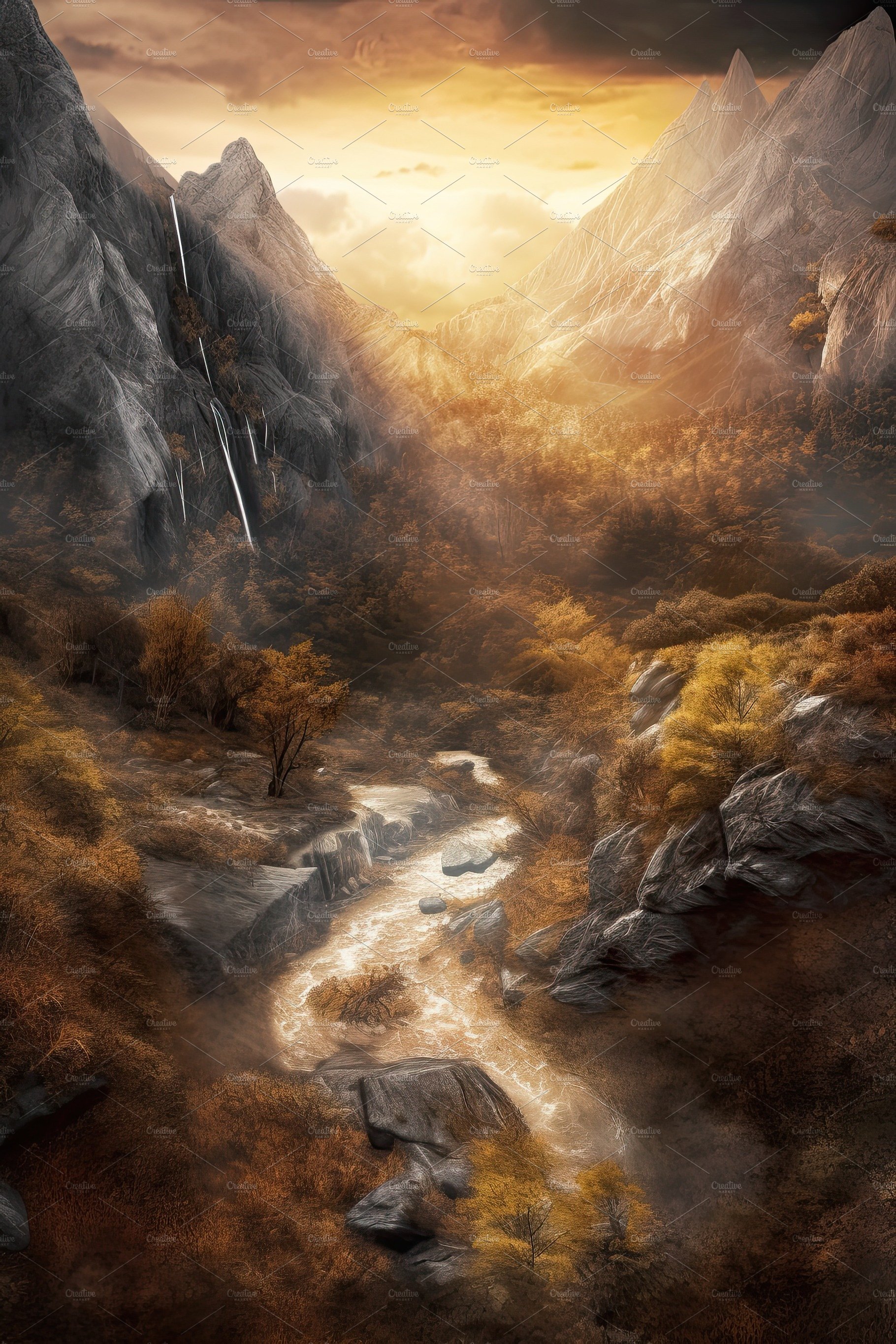 Beautiful vertical landscape with tall mountains, waterfall and a river. Ge... cover image.