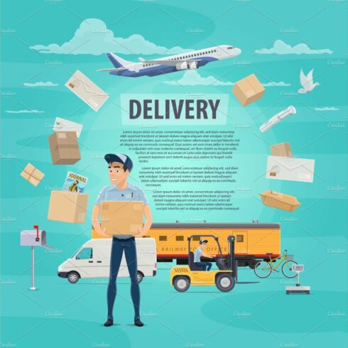 Delivery of post mail service vector poster cover image.
