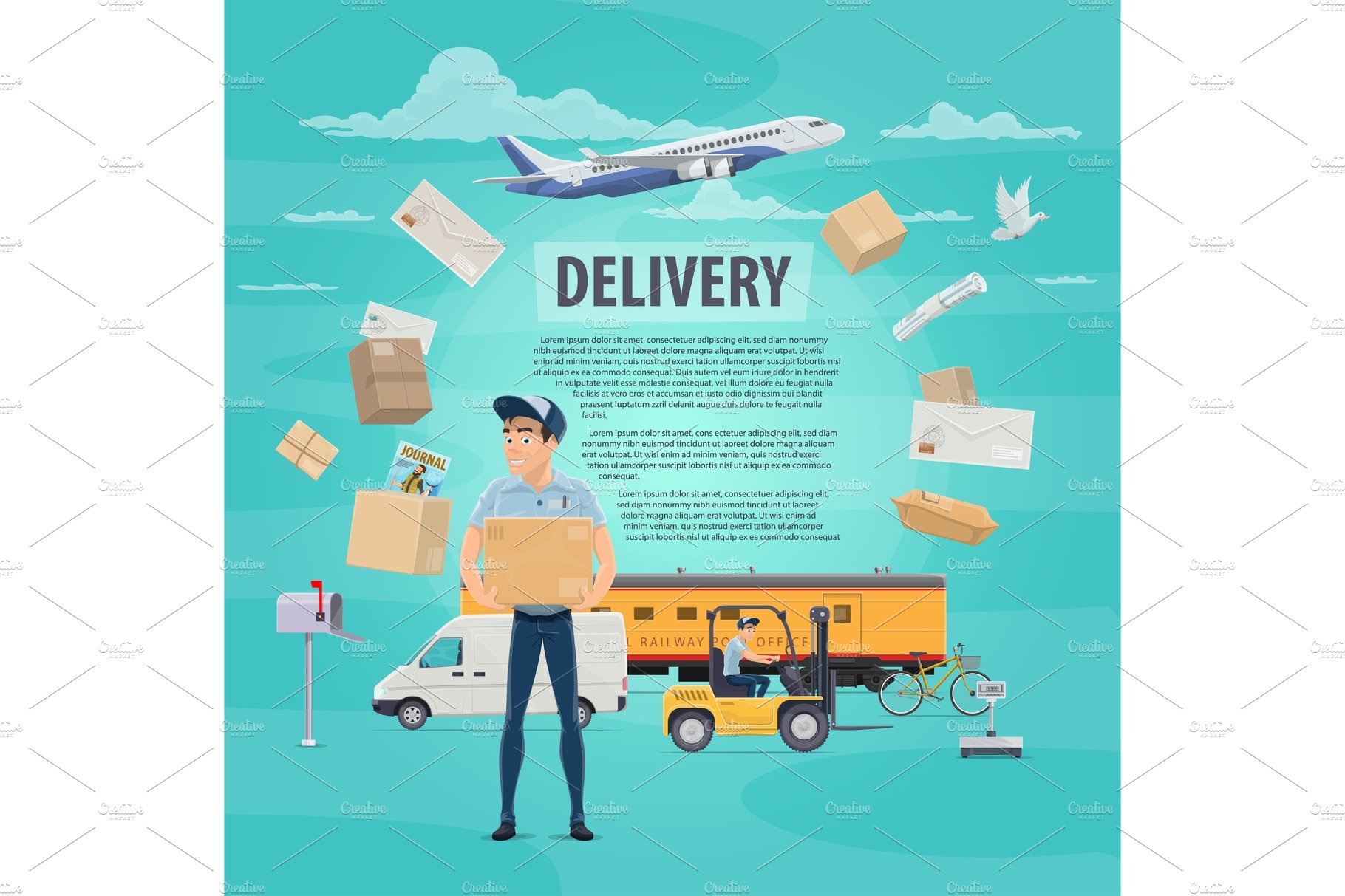 Delivery of post mail service vector poster cover image.