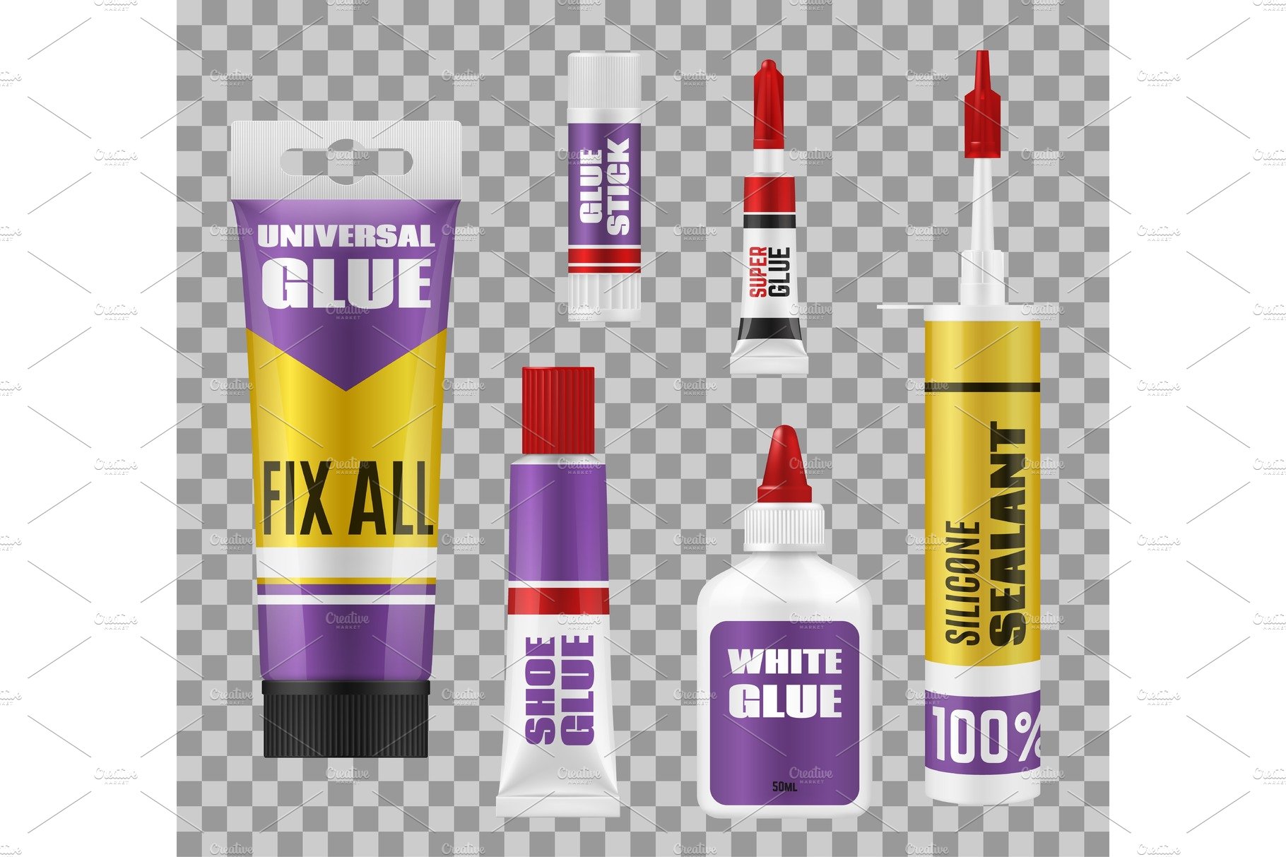 Glue sticks, tubes and bottles. cover image.