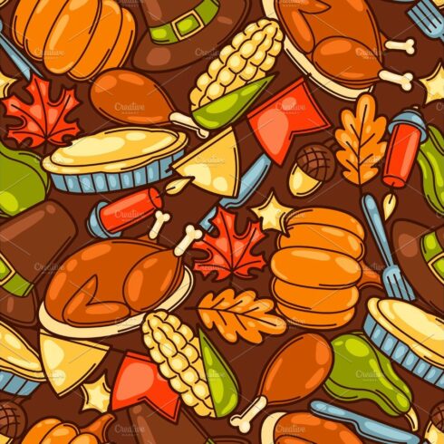 Happy Thanksgiving Day seamless pattern with holiday objects cover image.