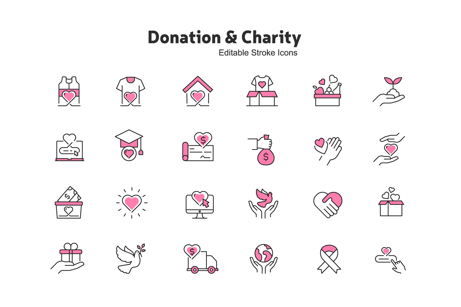 Charity and Donations Ultra Crisp Vector Line Icons Giving and Philanthropy, Non-Profit, and Charity Icon Collection, Humanitarian Aid Icon Pack, Charitable Giving and Fundraising Vector line icons with editable stroke pinterest preview image.