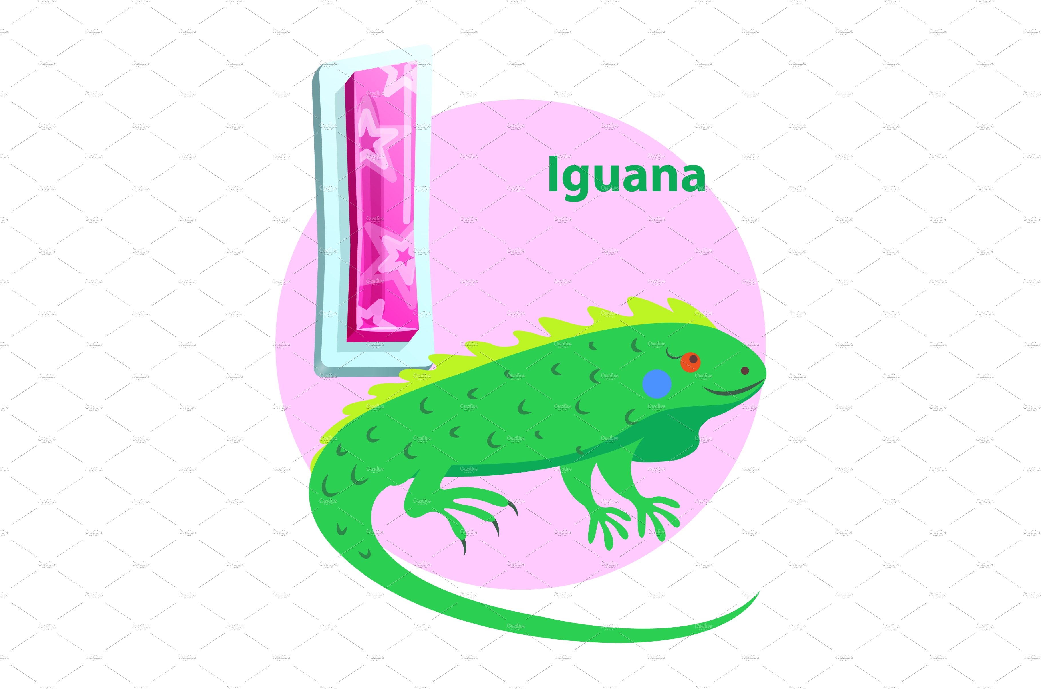 Letter I for iguana cartoon alphabet cover image.