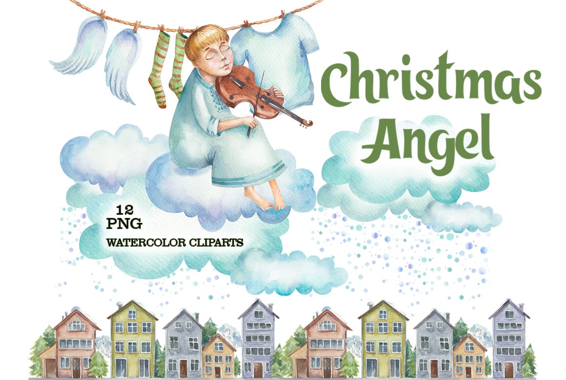 Christmas Angel watercolor clipart cover image.