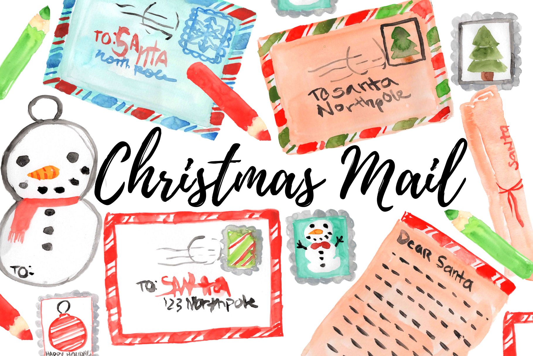 Watercolor Christmas Mail Clipart cover image.