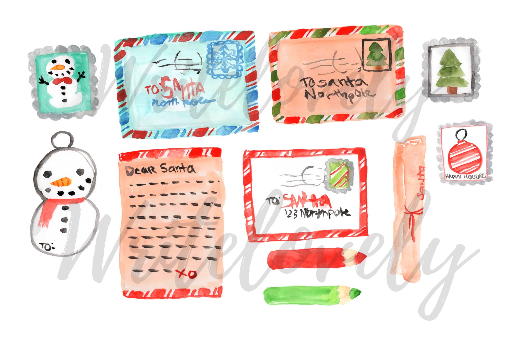 Watercolor Christmas Mail Clipart preview image.