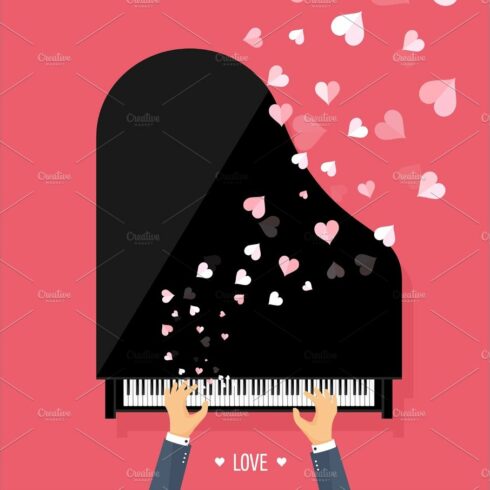 Vector illustration. Musical flat background with hearts. Love. Piano key, ... cover image.