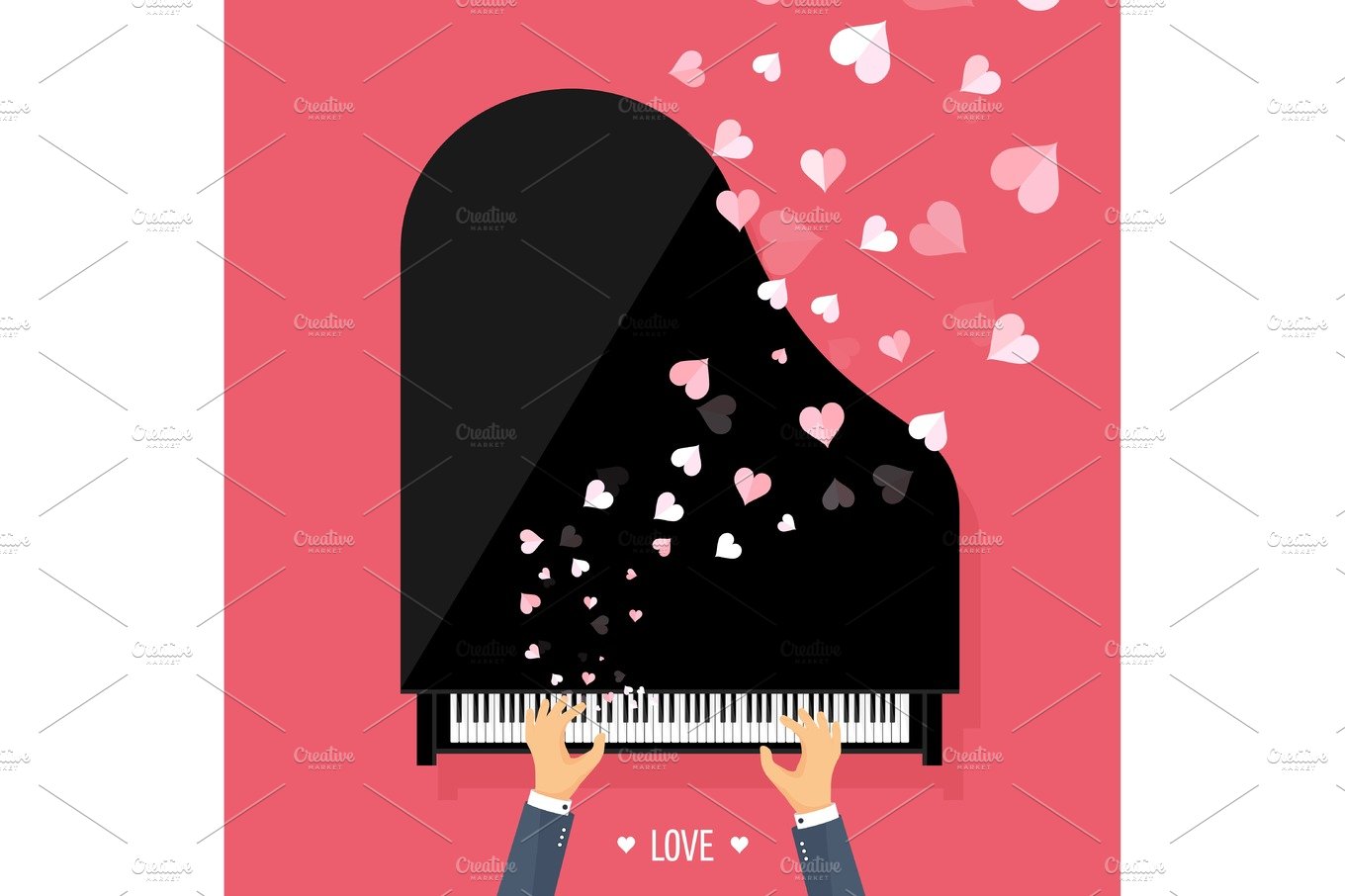 Vector illustration. Musical flat background with hearts. Love. Piano key, ... cover image.