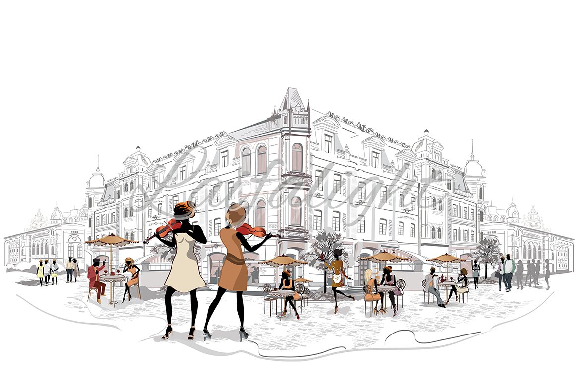 The street cafe with musicians cover image.