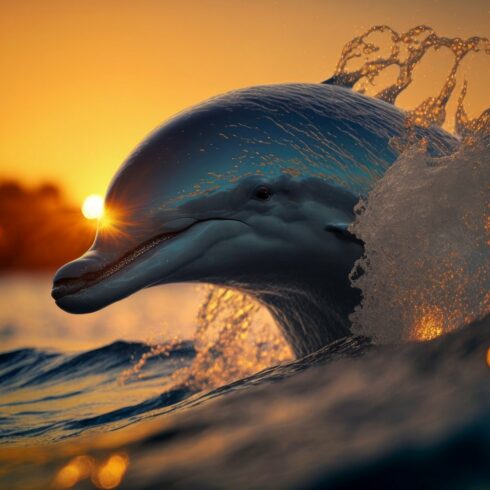 Beautiful portrait of a dolphin jumping from water at the sunset cover image.