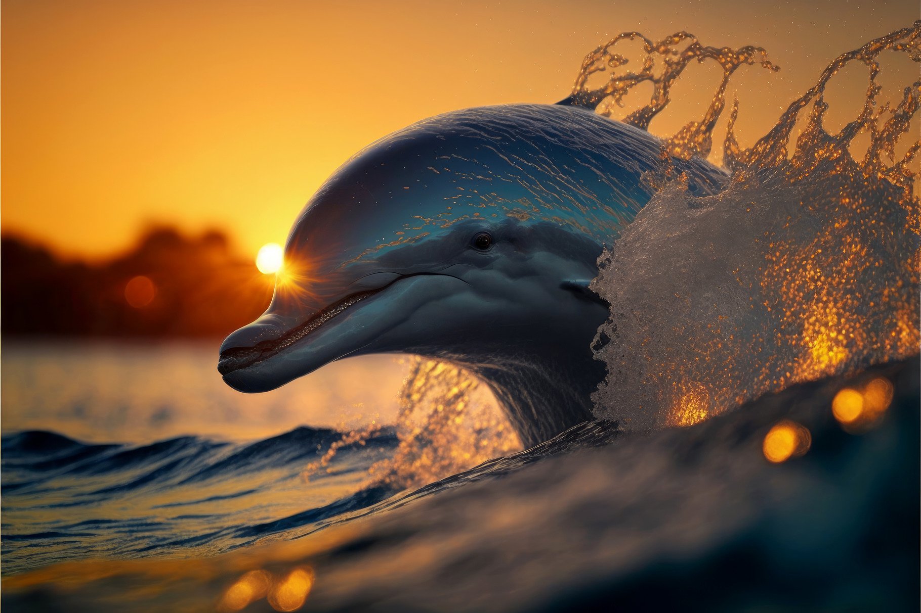 jumping dolphin in sunset