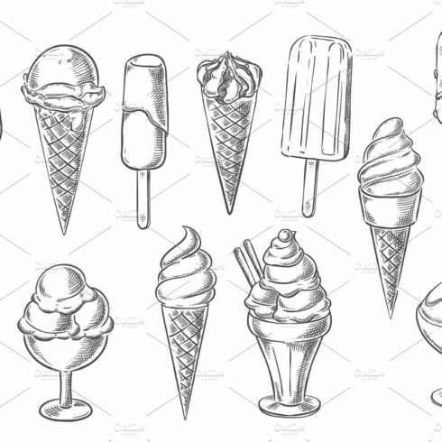 Ice cream desserts sketch vector icons cover image.