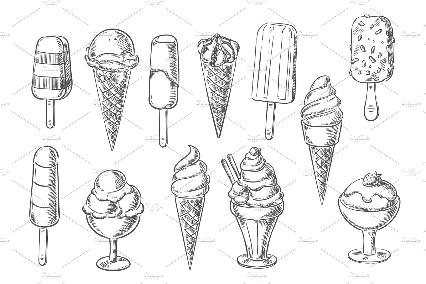 Ice cream desserts sketch vector icons cover image.