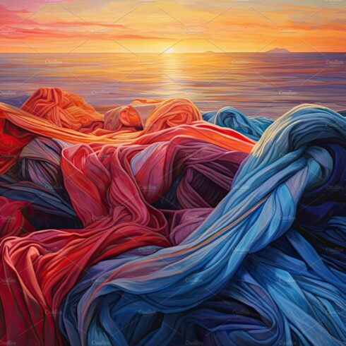 Colorful cloth weaved abstract painting over a sunset background cover image.