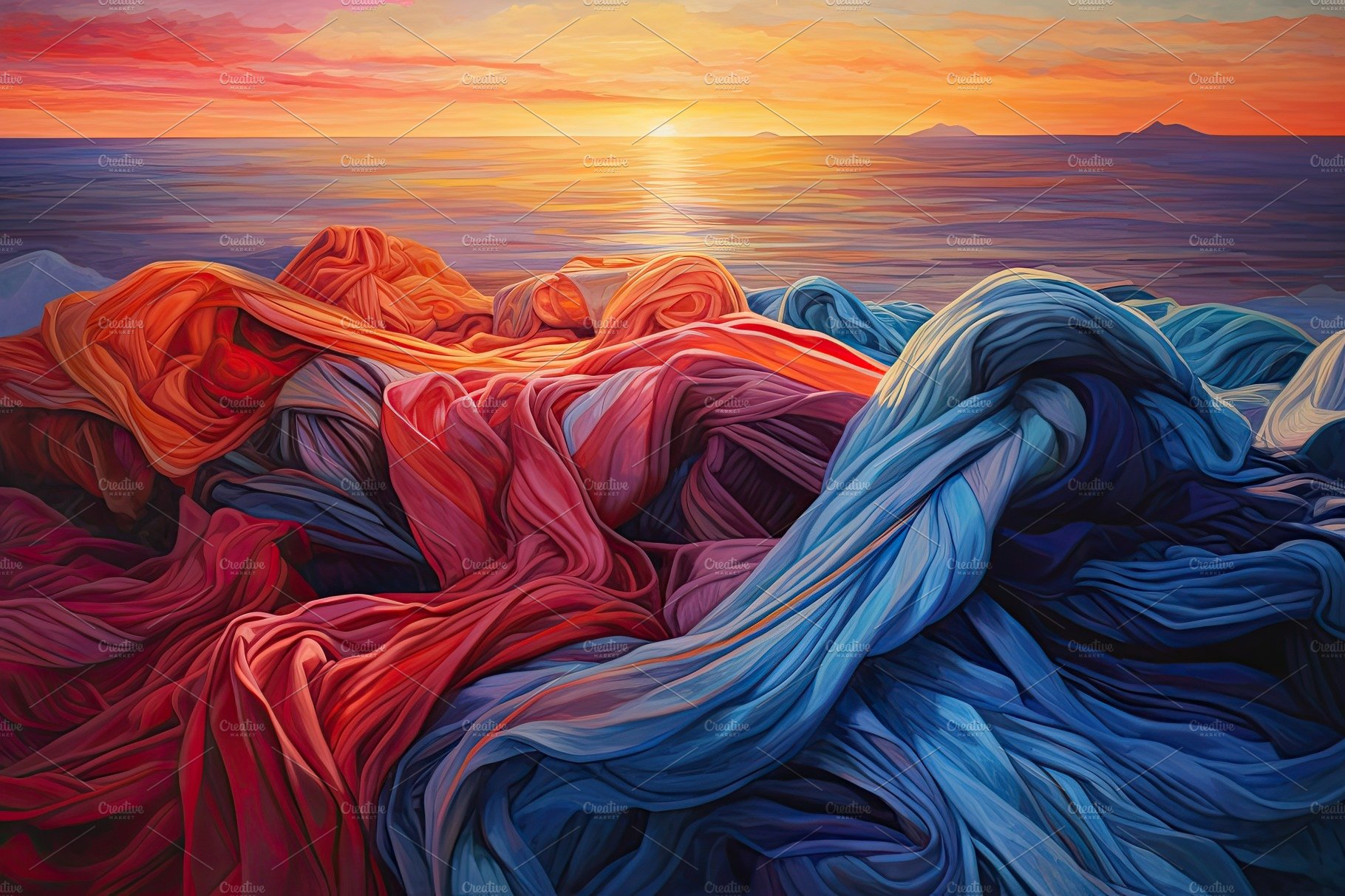 Colorful cloth weaved abstract painting over a sunset background cover image.