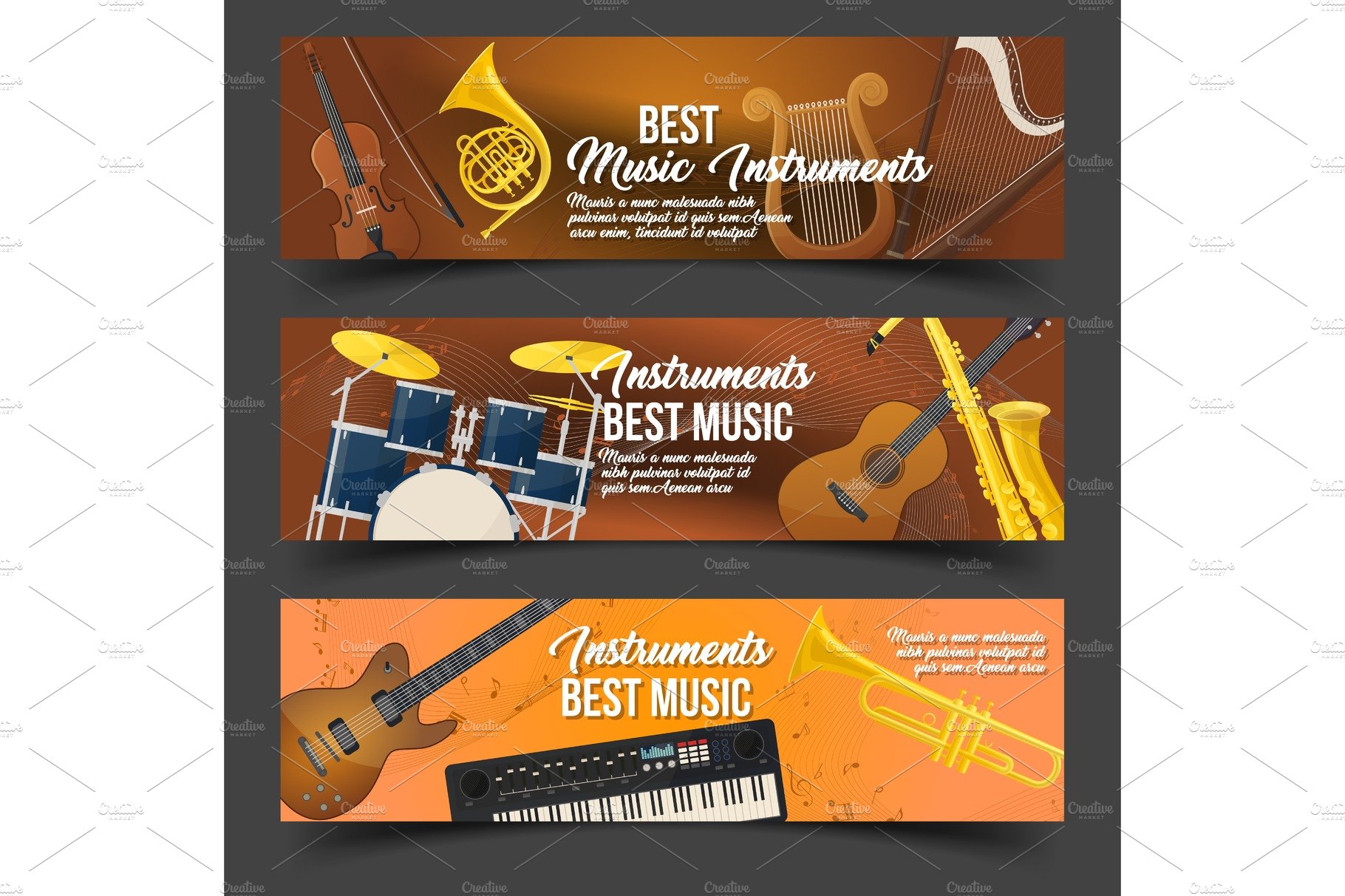 Set of isolated badges for music instruments cover image.