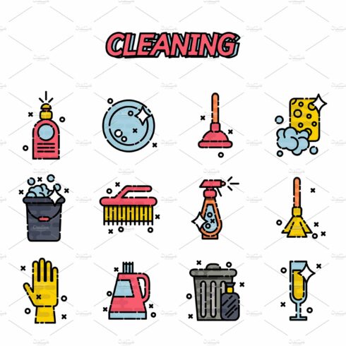 Cleaning flat icons set cover image.