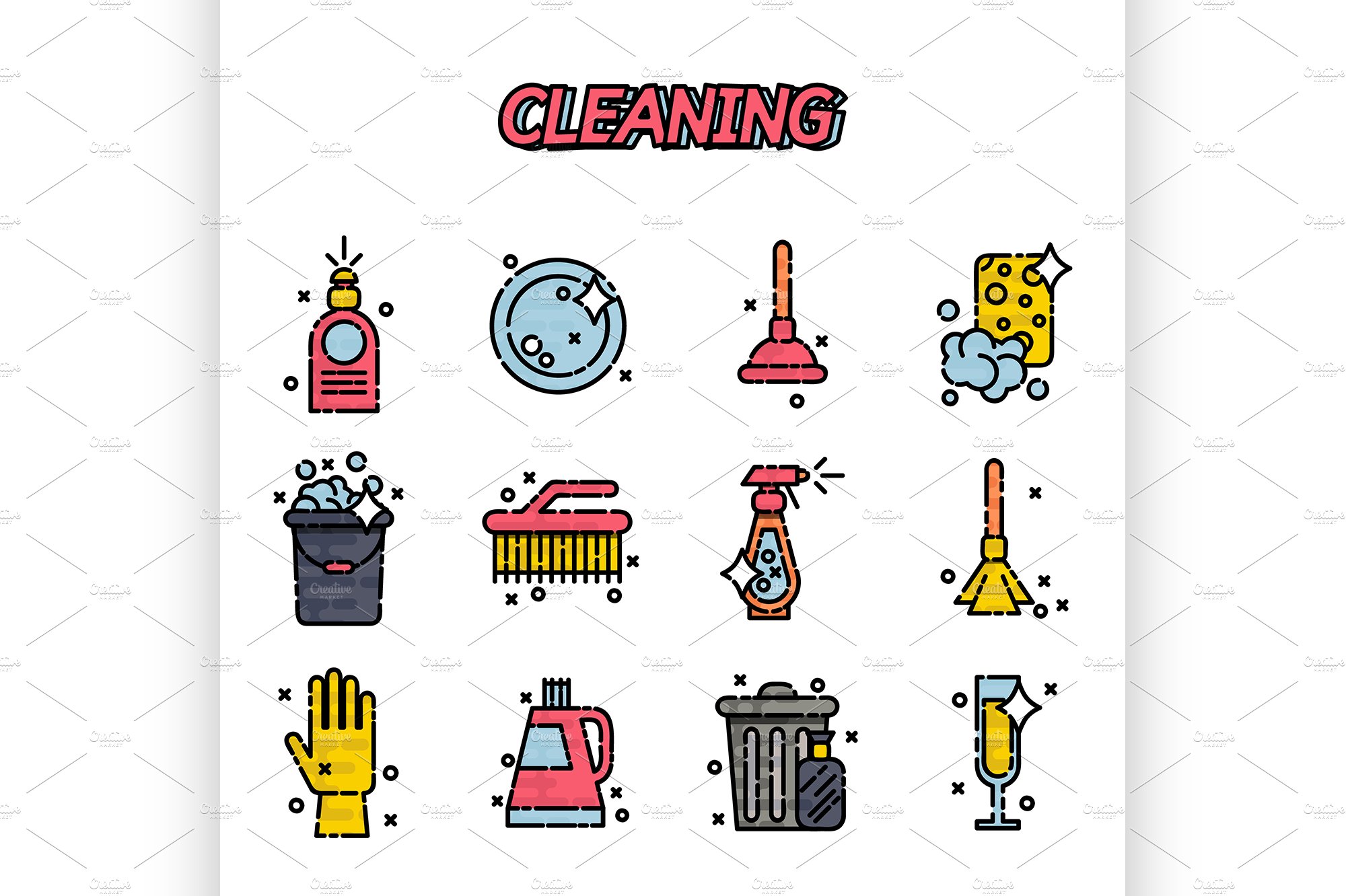 Cleaning flat icons set cover image.