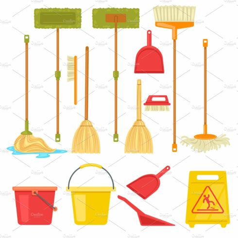 Cleaning tools broom mop supplies cover image.