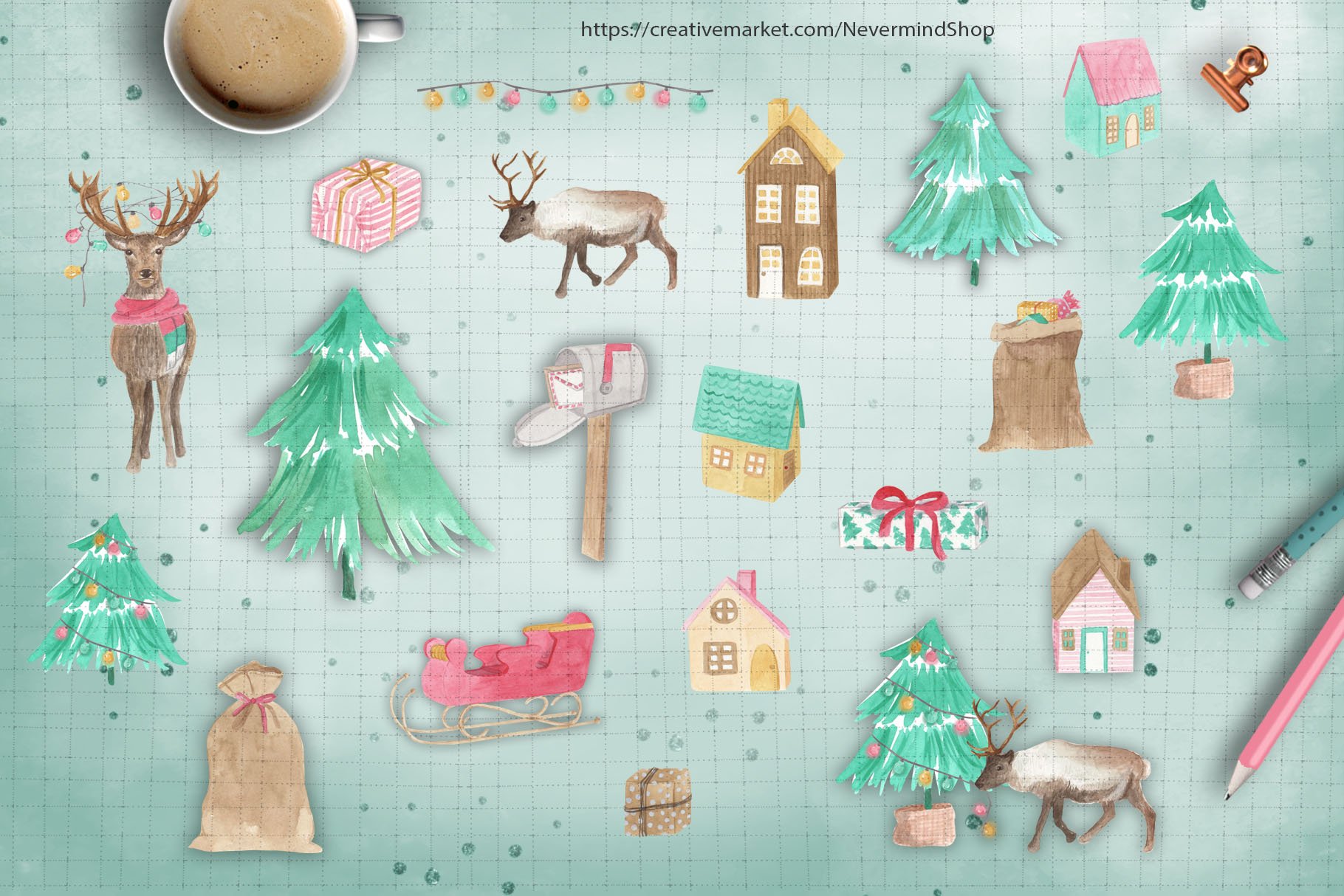 Christmas tree watercolor clipart preview image.
