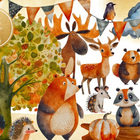 Autumn Animals Clipart Set cover image.