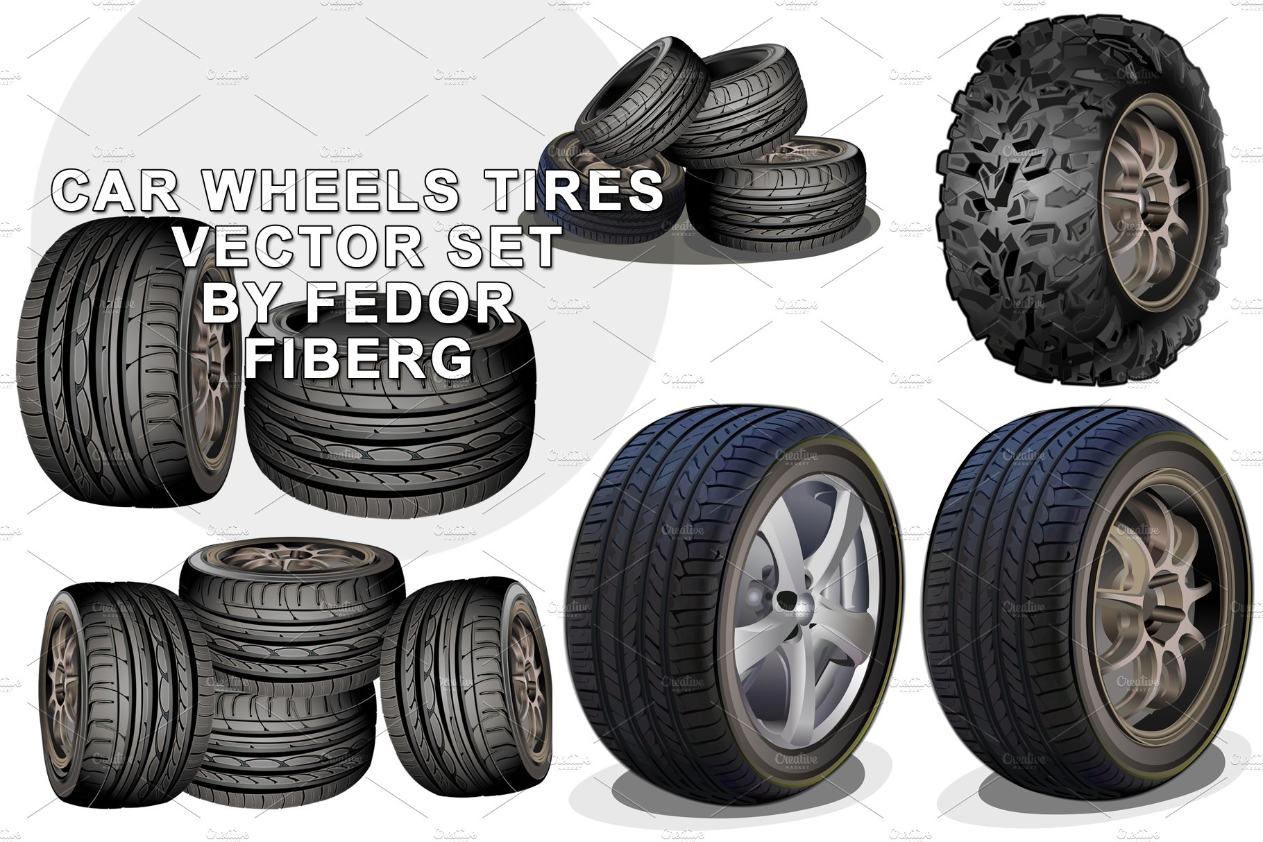 Car wheels tires vector big set cover image.