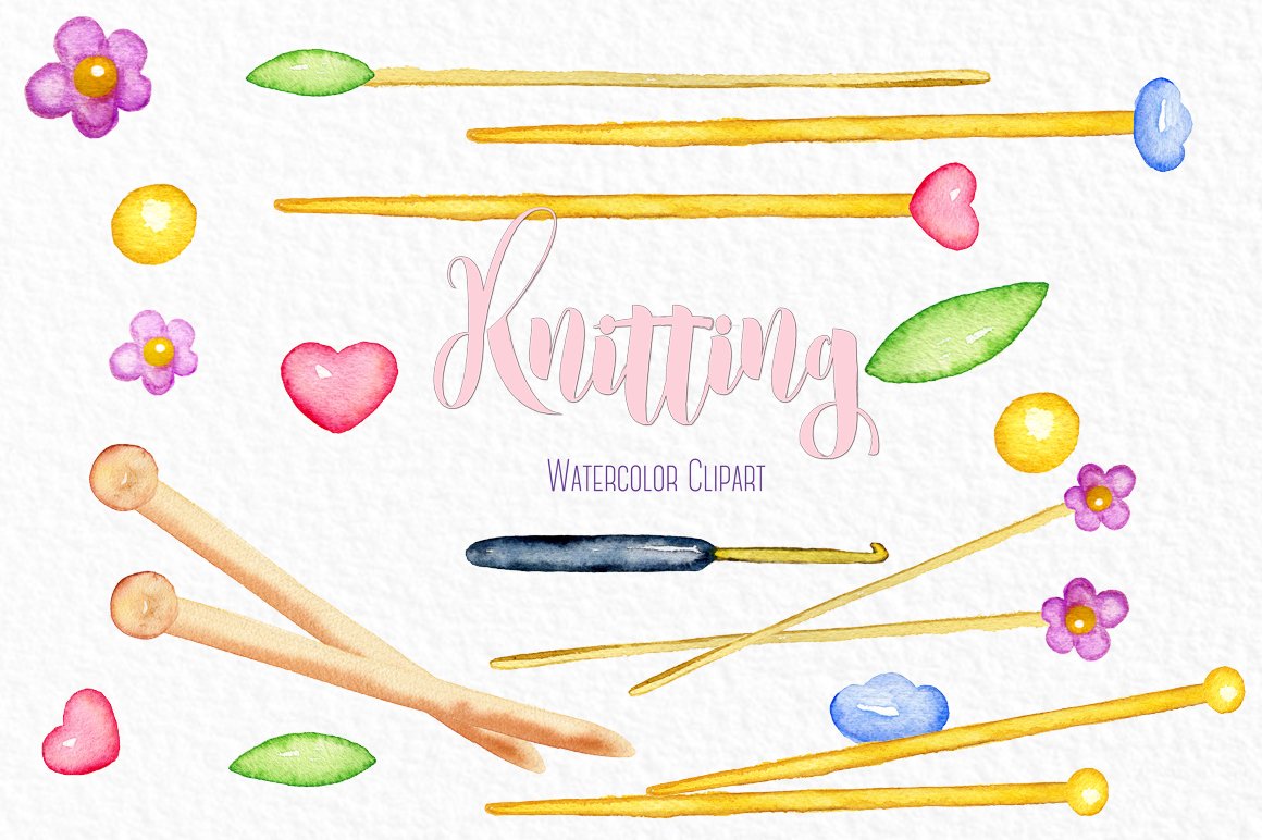 Knitting watercolor clipart preview image.