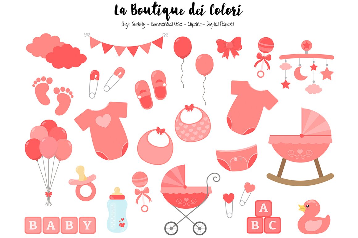 Coral Red Baby Shower Clipart cover image.