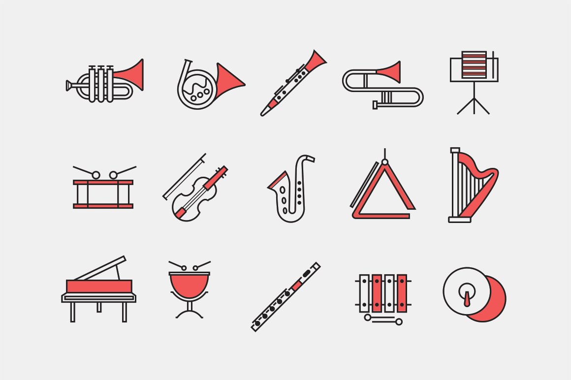 15 Orchestra Instrument Icons cover image.