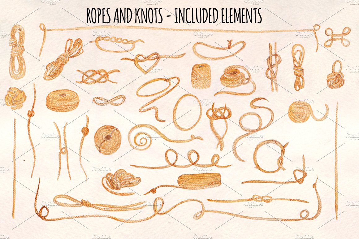 36 Ropes and Knots Watercolor Vector preview image.