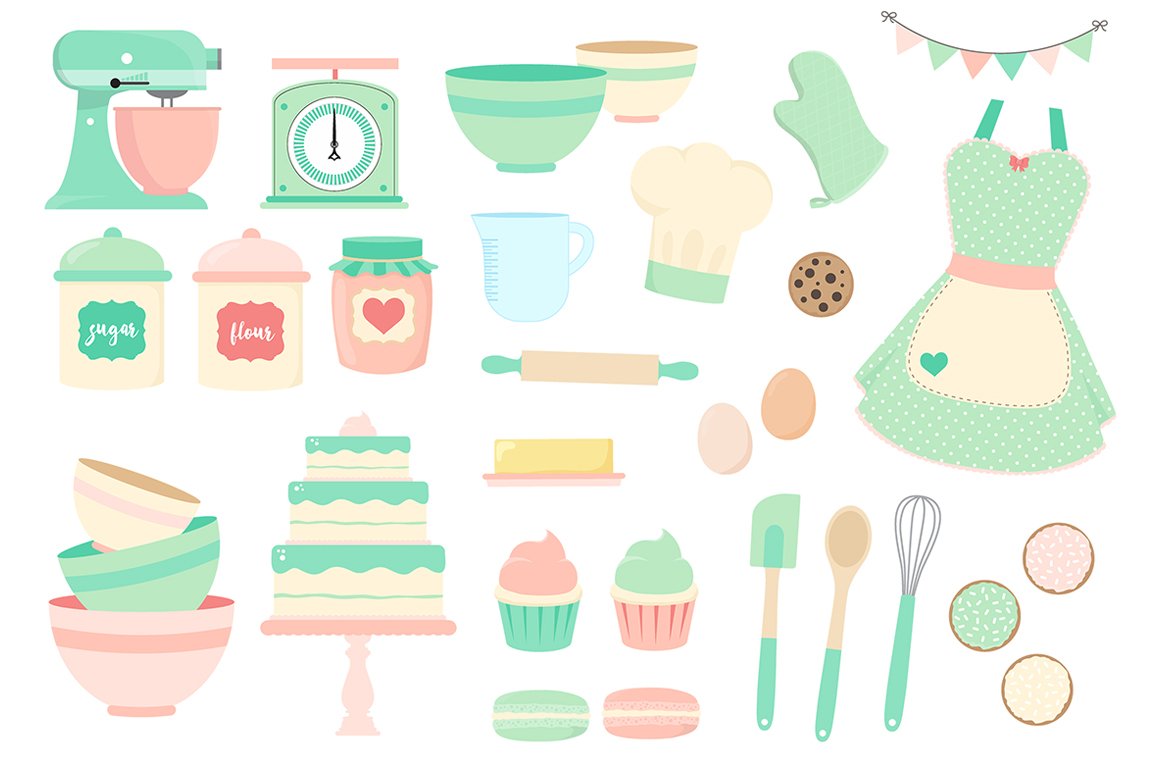 Pink and Mint Kitchen Clipart preview image.