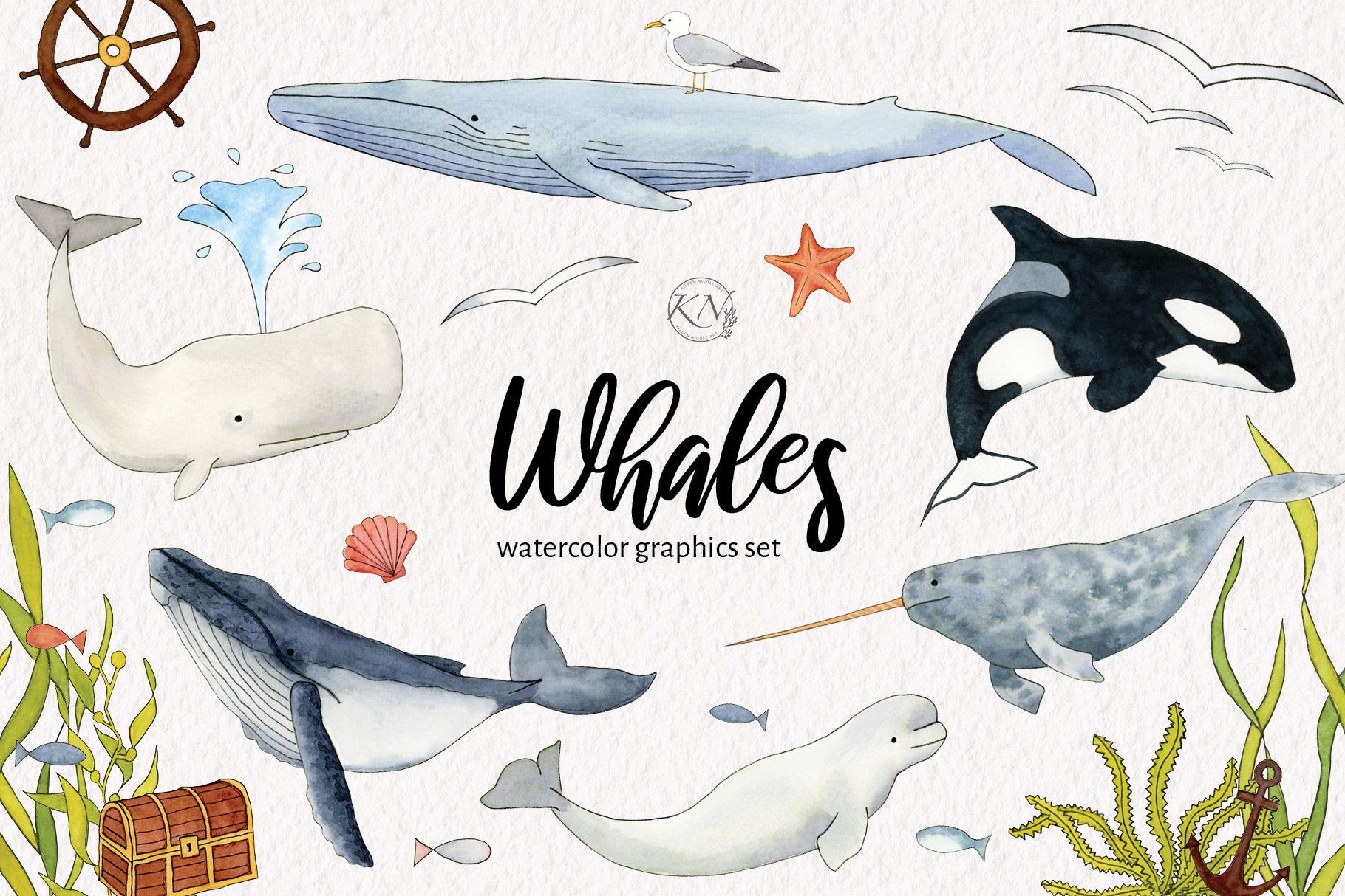 Watercolor Whales Graphics cover image.