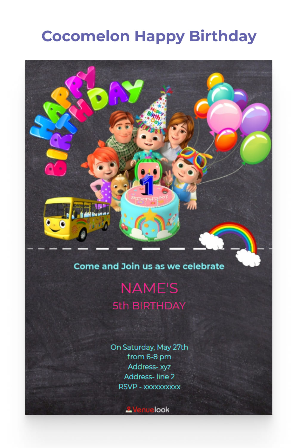 Grey birthday invitation with Cocomelon characters.