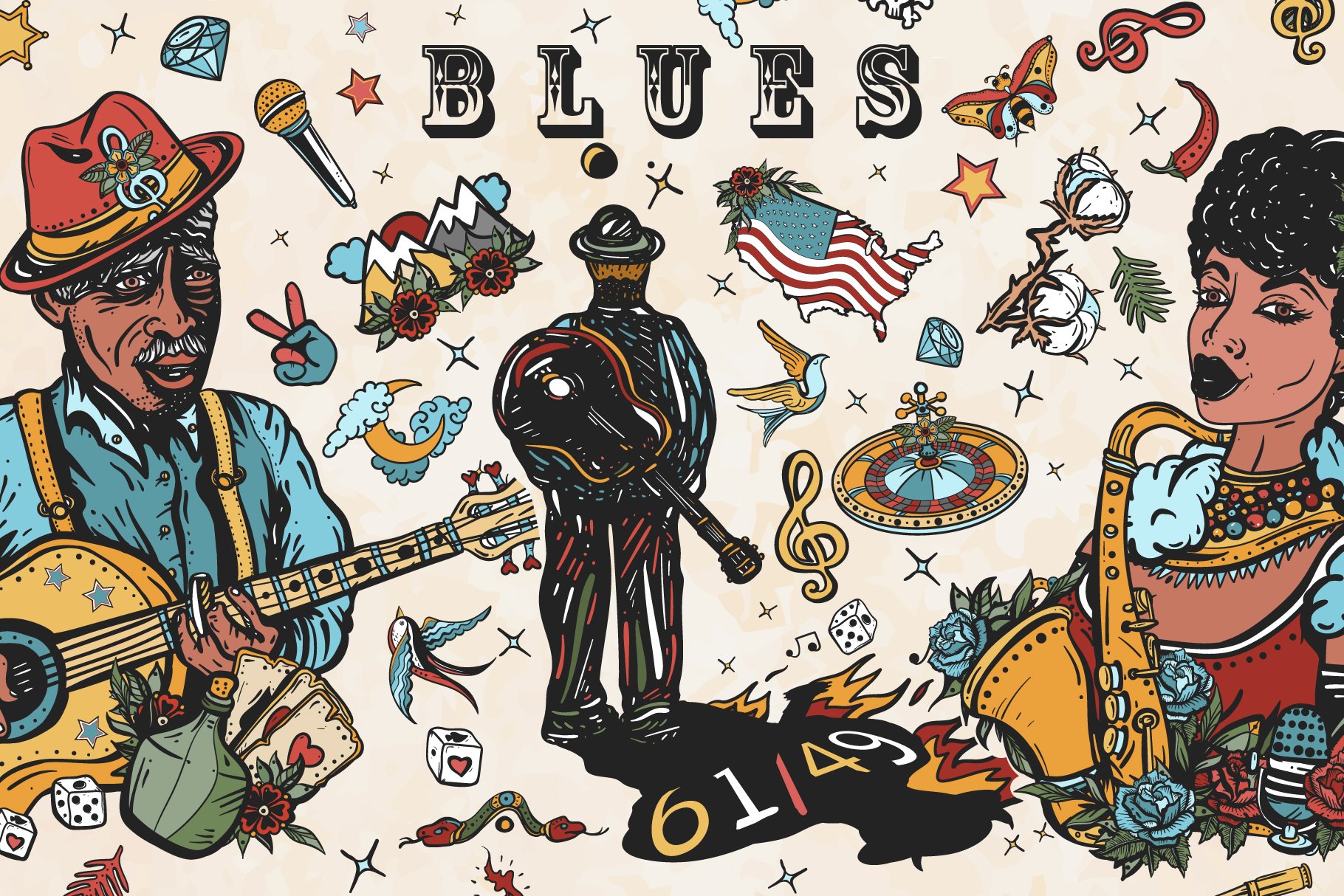 Blues old school tattoo cover image.