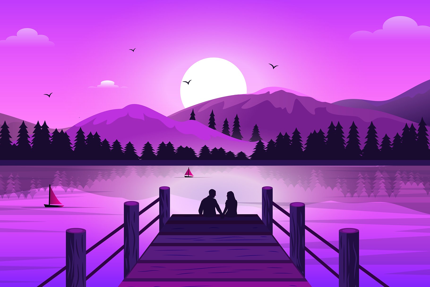 couple and beautiful sunset lake and mountains 296