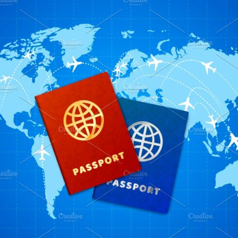 Couple bright passports on world map cover image.