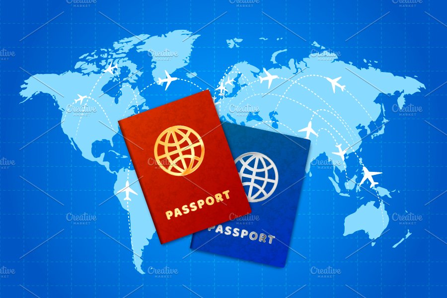 Couple bright passports on world map cover image.